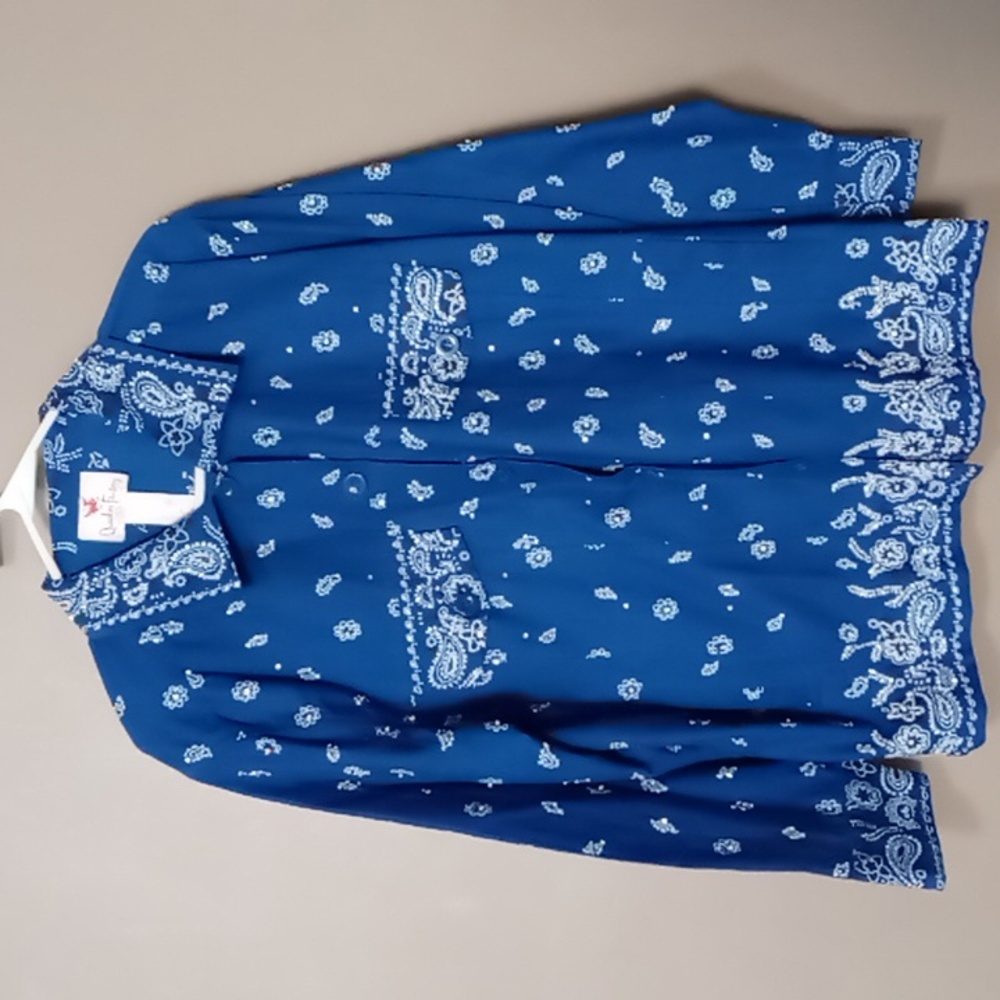 Quacker Factory Dark Blue Full Button Paisley/Flowered Embellished Blouse XL